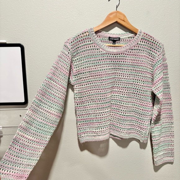 Steve Madden Crochet Knit Sweater Size S Purple Green Multicolor Boho Casual - Picture 3 of 8